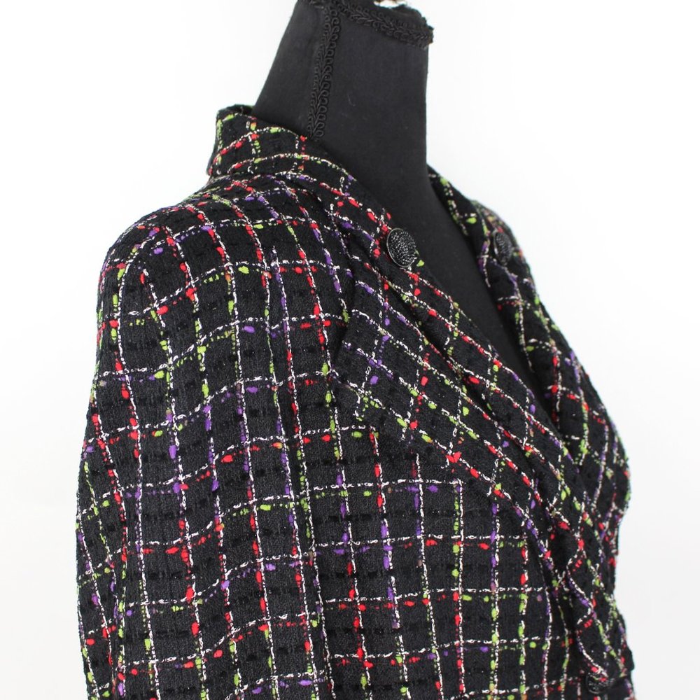 Chanel Black Multicolor Plaid Tweed Ostrich Feather Trim Cuffs Blazer Jacket 44 - Picture 2 of 10